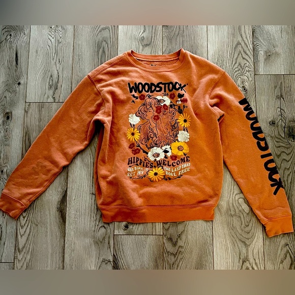 Woodstock Hybrid Apparel Orange Crewneck Sweater with Graphic Design - Picture 1 of 5